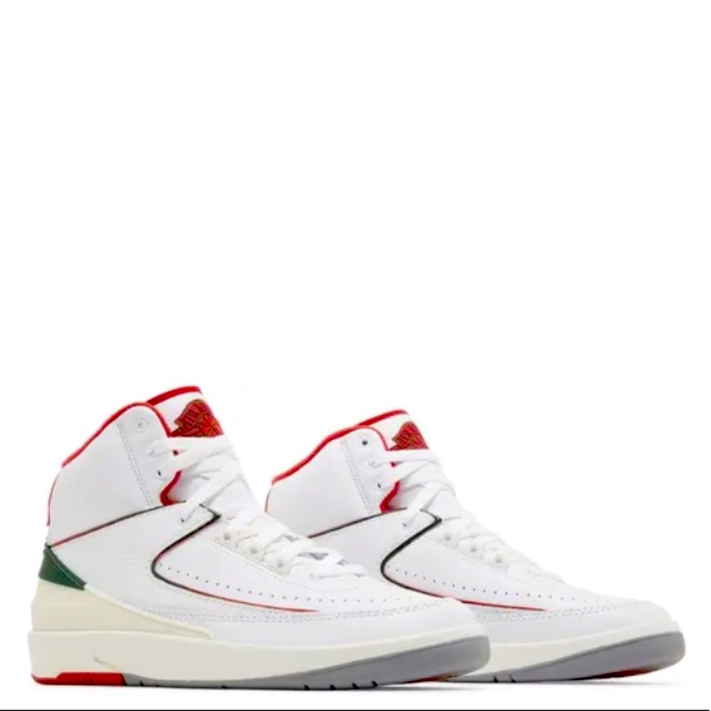 Nike Air Jordan 2 Retro Origins White, Fire Red, and Green Shoes.